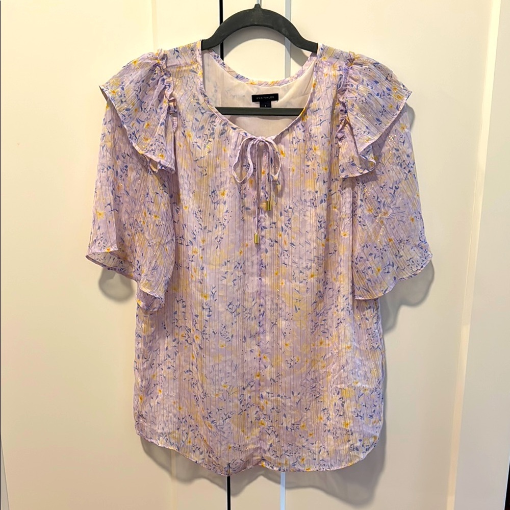 Ann Taylor Lavender Dainty Floral Blouse with Gold Accents